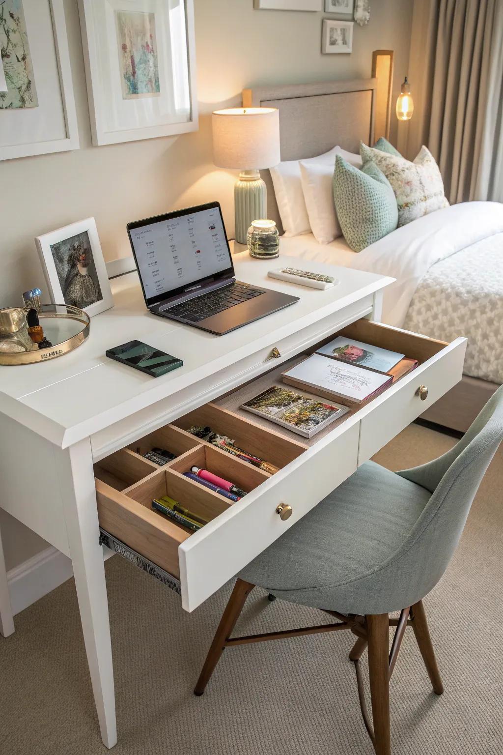 Keep your space tidy with concealed storage options.
