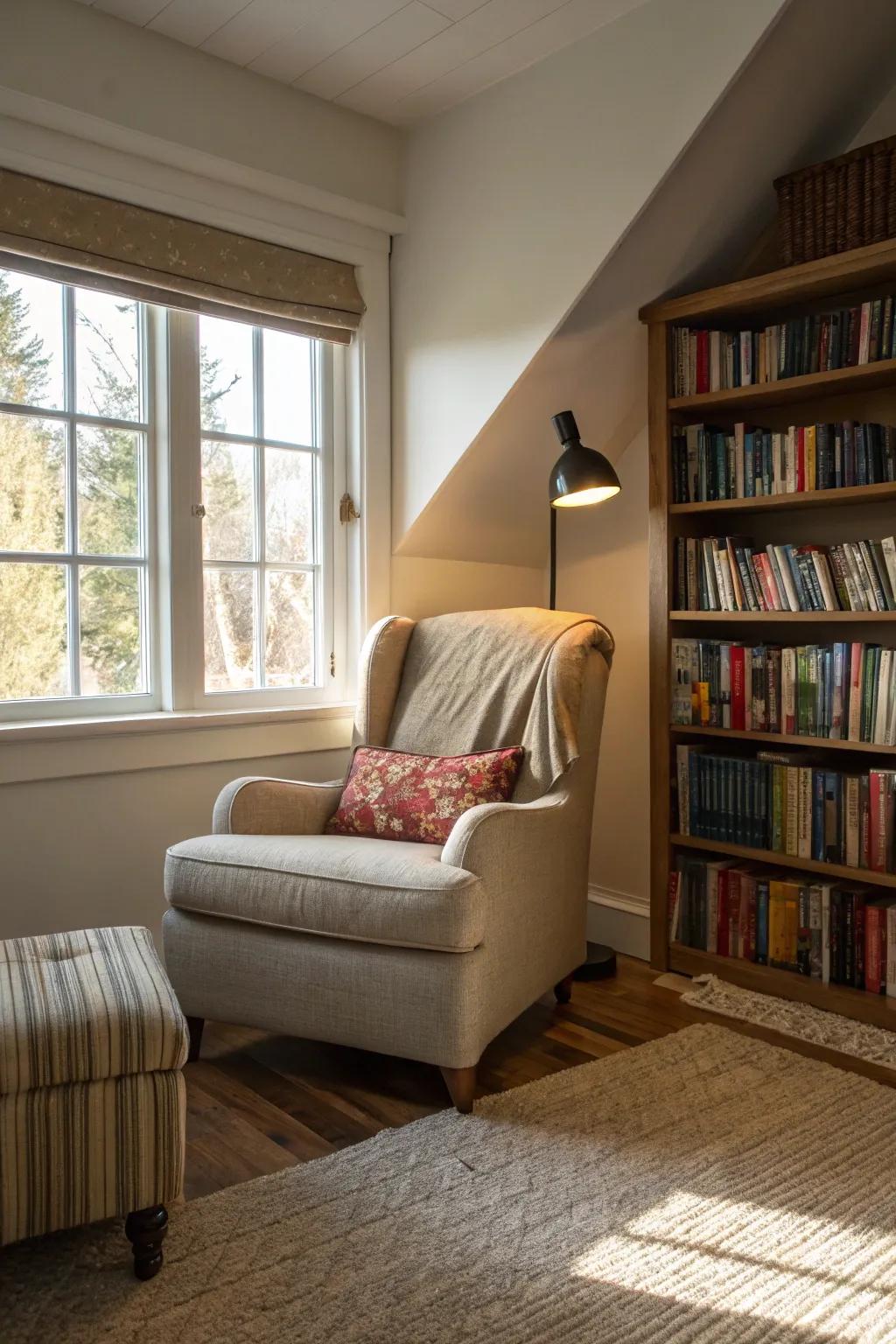 A reading nook offers a perfect retreat for relaxation and escape.