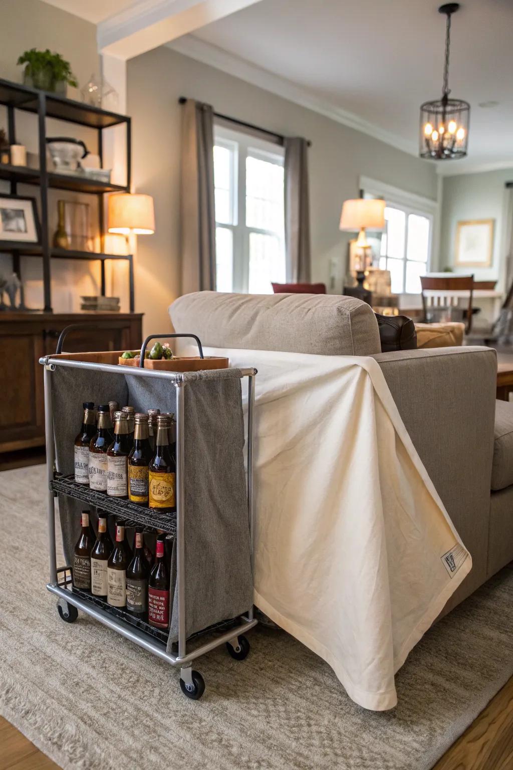 A hidden bar cart in the family room storing brew bottles in style.