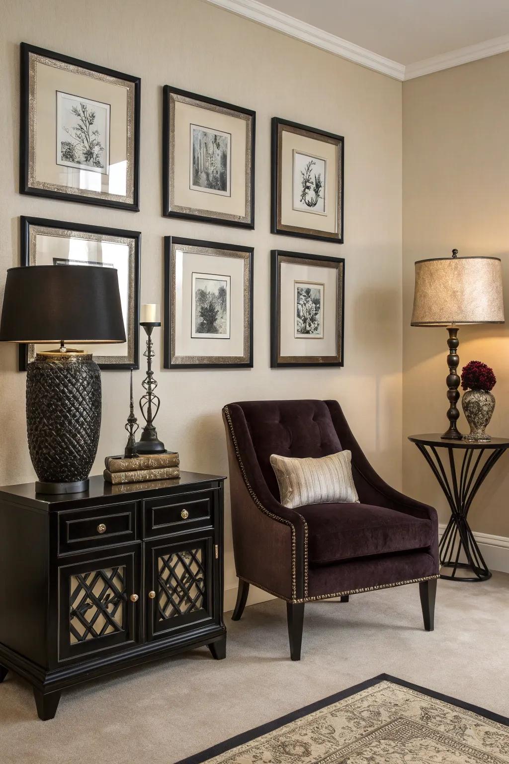 Dark features create striking depth within this beige interior.