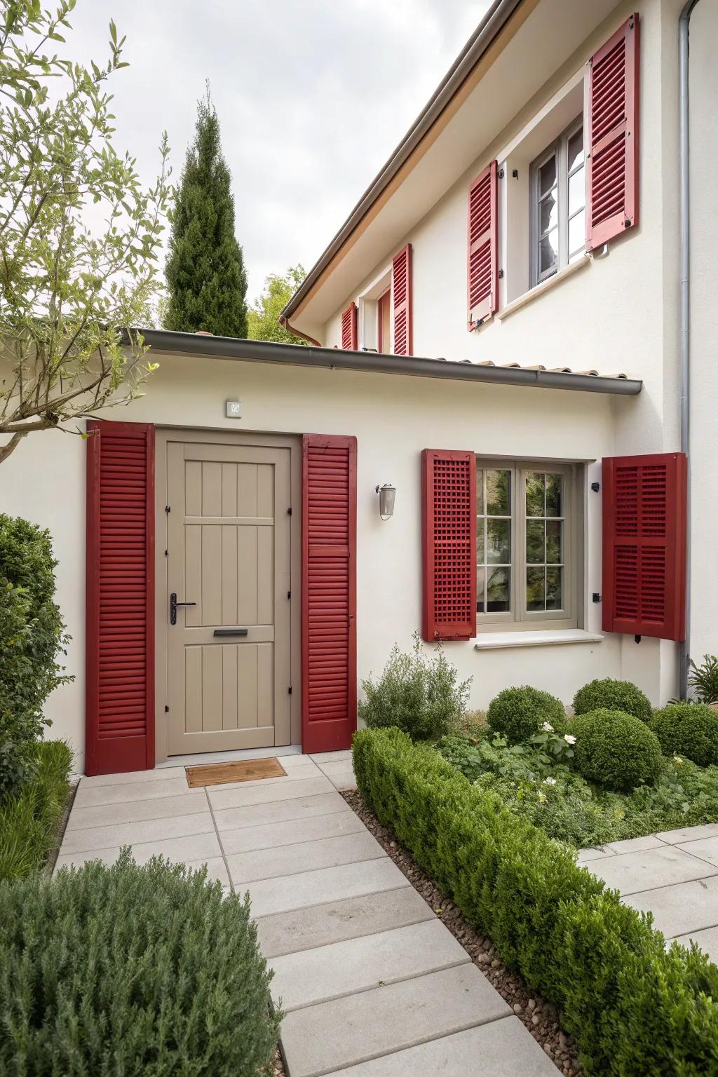 Bold ruby and neutral sand create a striking, modern appeal.