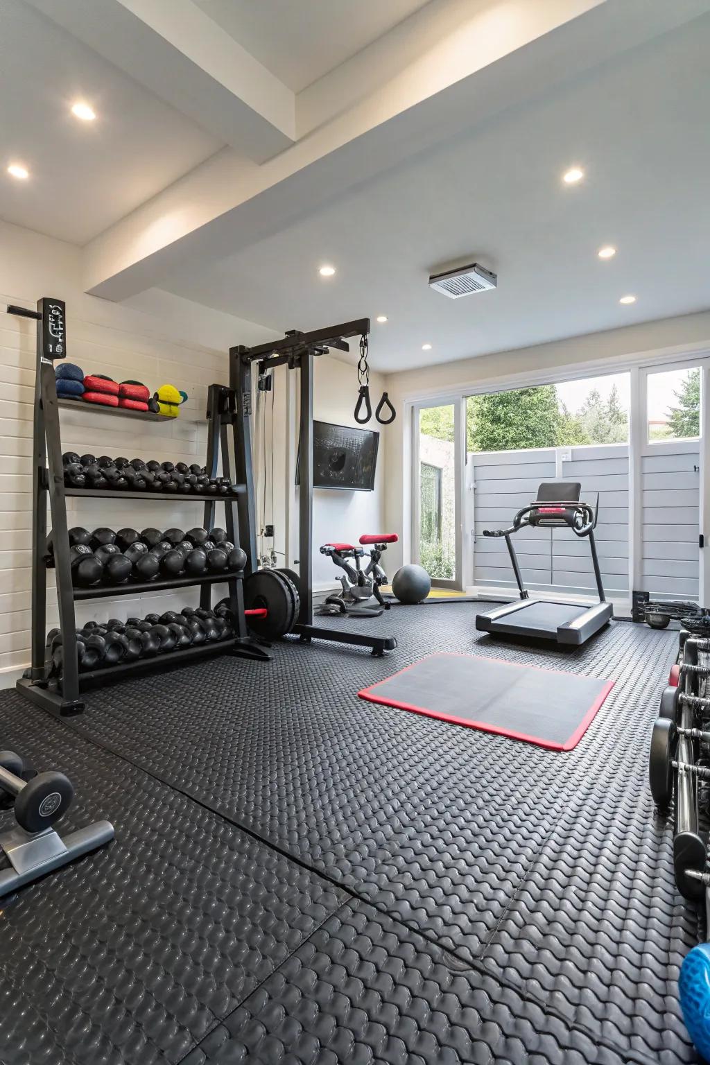 Rubber flooring provides safety and practicality.