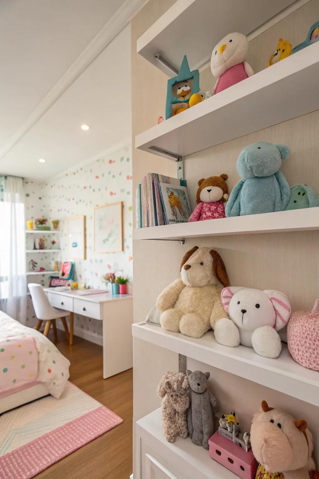 Floating shelves give a design-conscious means for storing and showcasing toys.