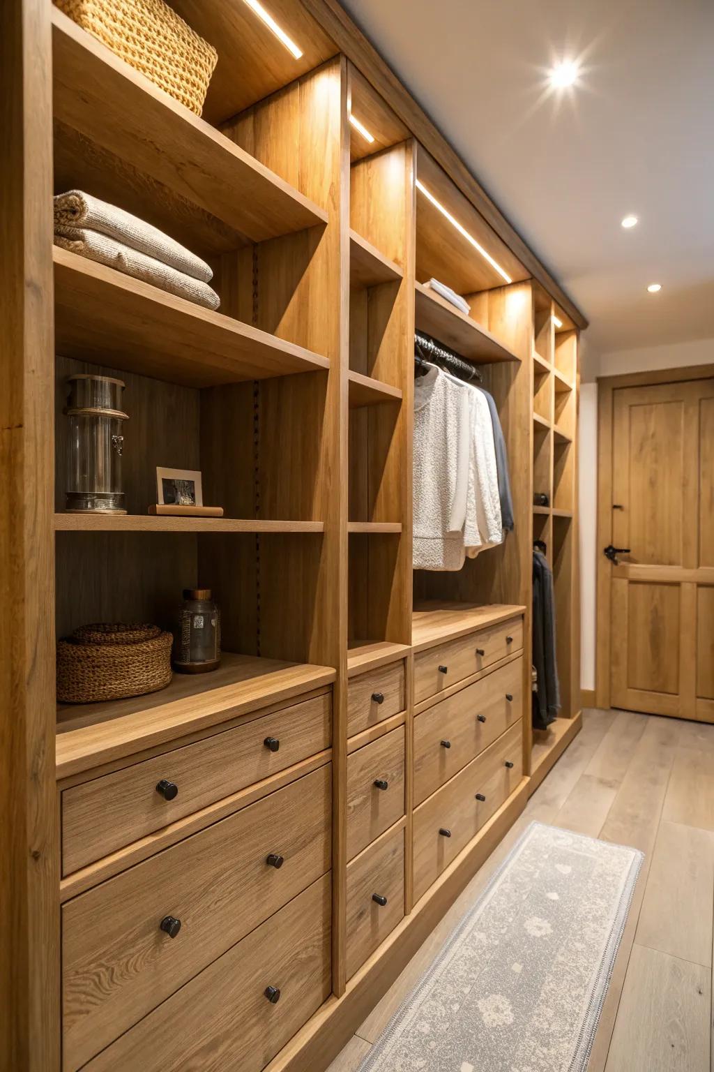 A closet showcasing natural wood components that infuse warmth and texture.