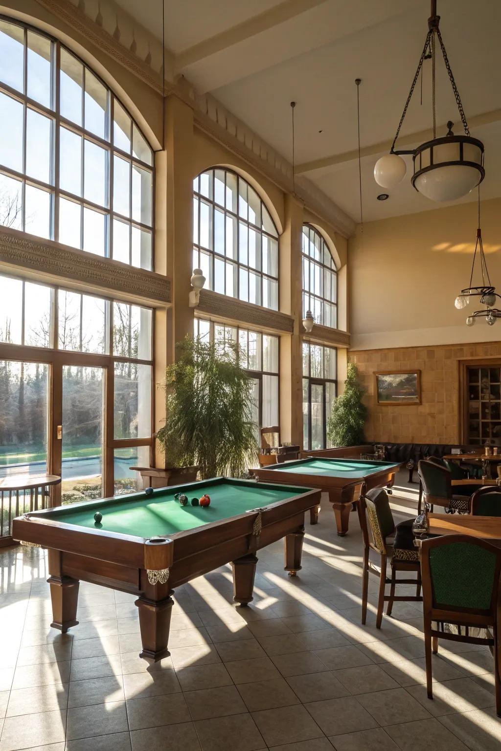 Sunlight enlivens and enhances your billiard space.