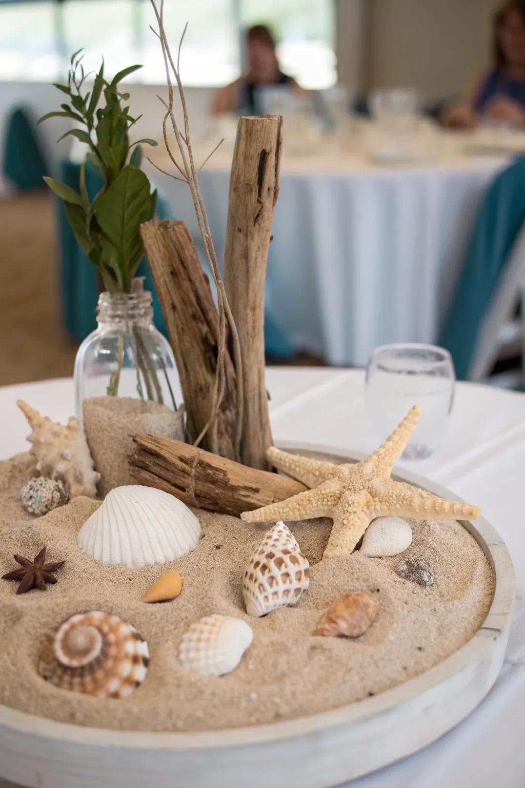 Transfer coastal emotions onto your table using a shore-themed centerpiece.