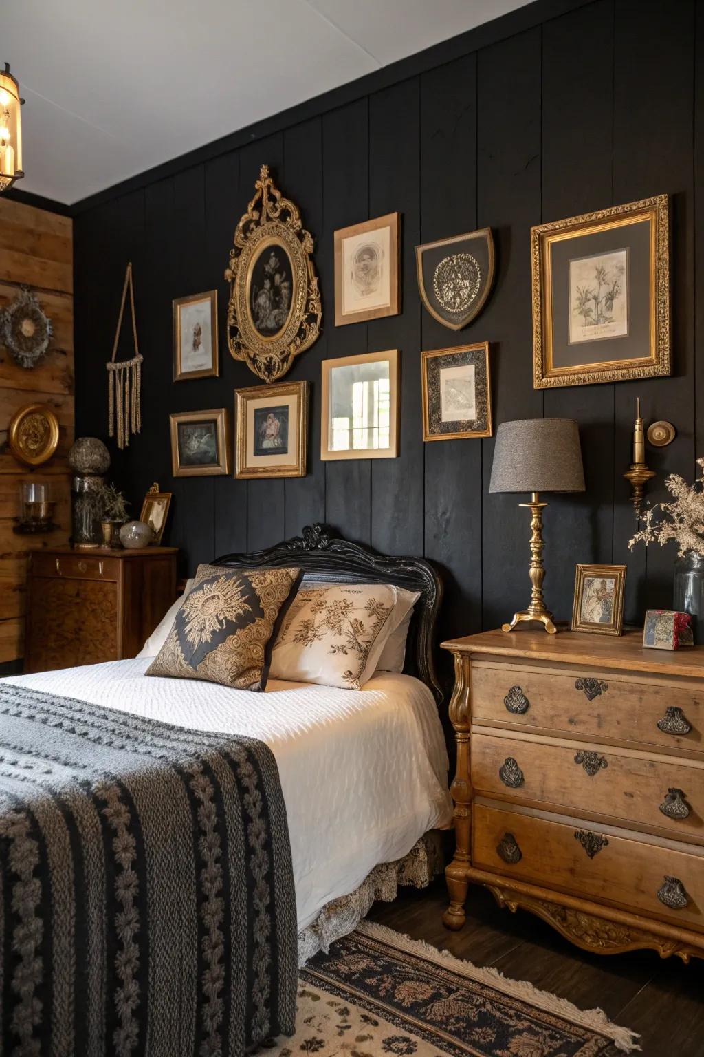 Vintage touches add charm and character to a black accent wall.