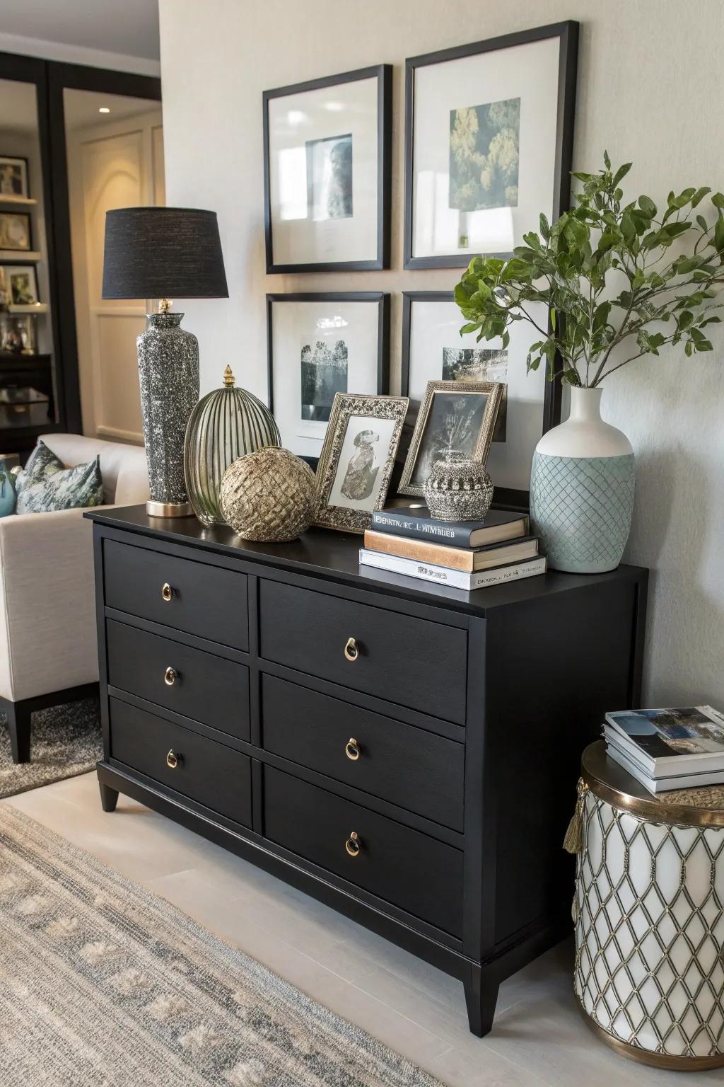An ebony chest showcasing the art of stacking with diverse decor.