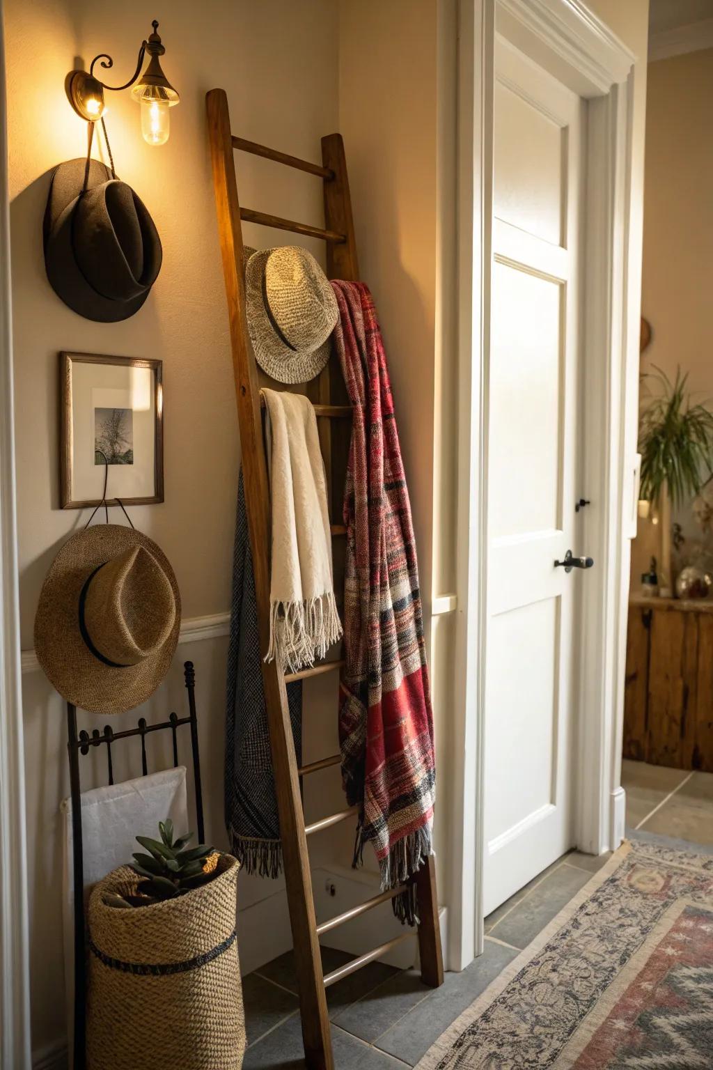 A blanket ladder adds welcoming elegance to an entryway.