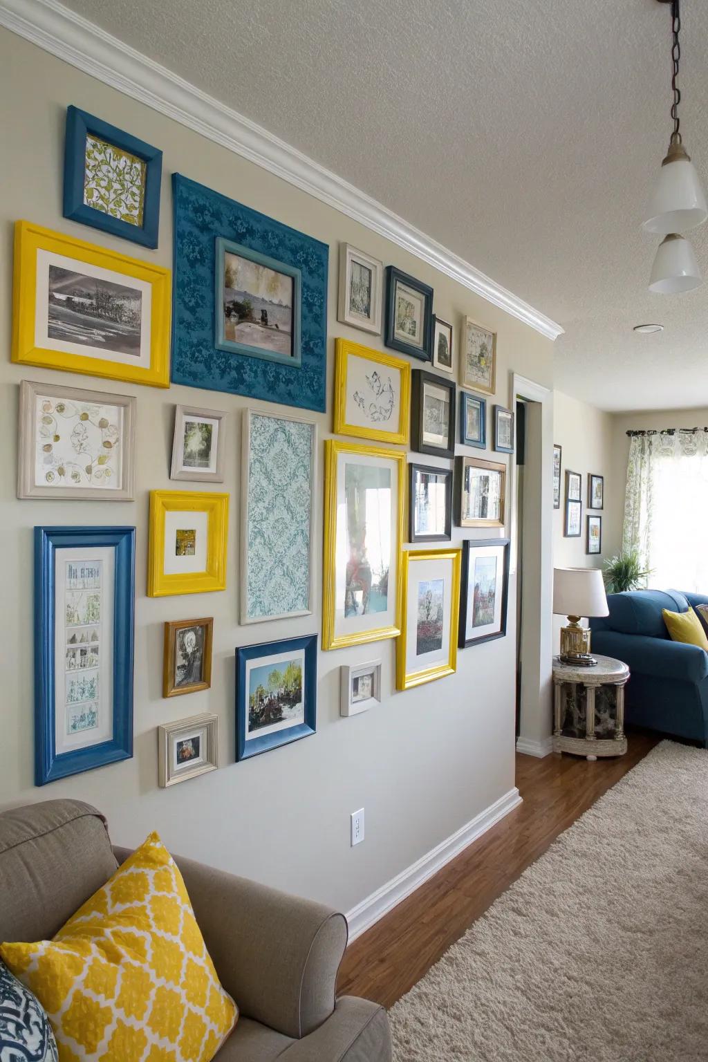 An eclectic display wall featuring azure and gold frames for a personal flair.