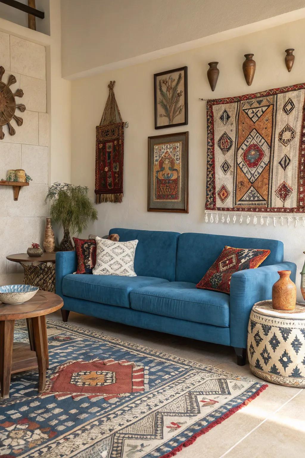 Cultural accents inject depth and character in a cerulean sofa design.