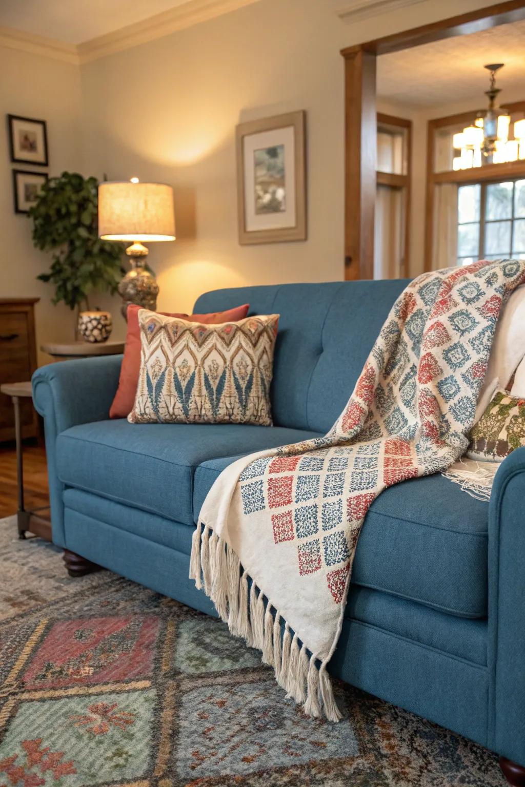 A snug throw enhances ease and style on the divan.