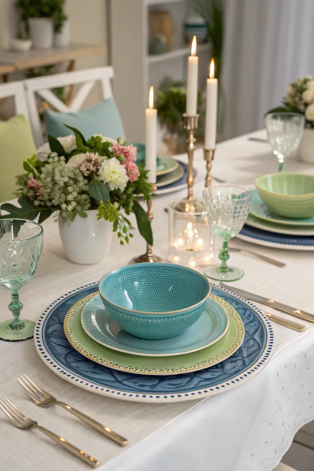 Colorful tableware brings charm to dining.