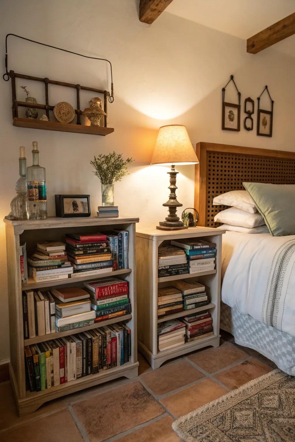 Bookcases serving as fashionable and functional bedside tables.