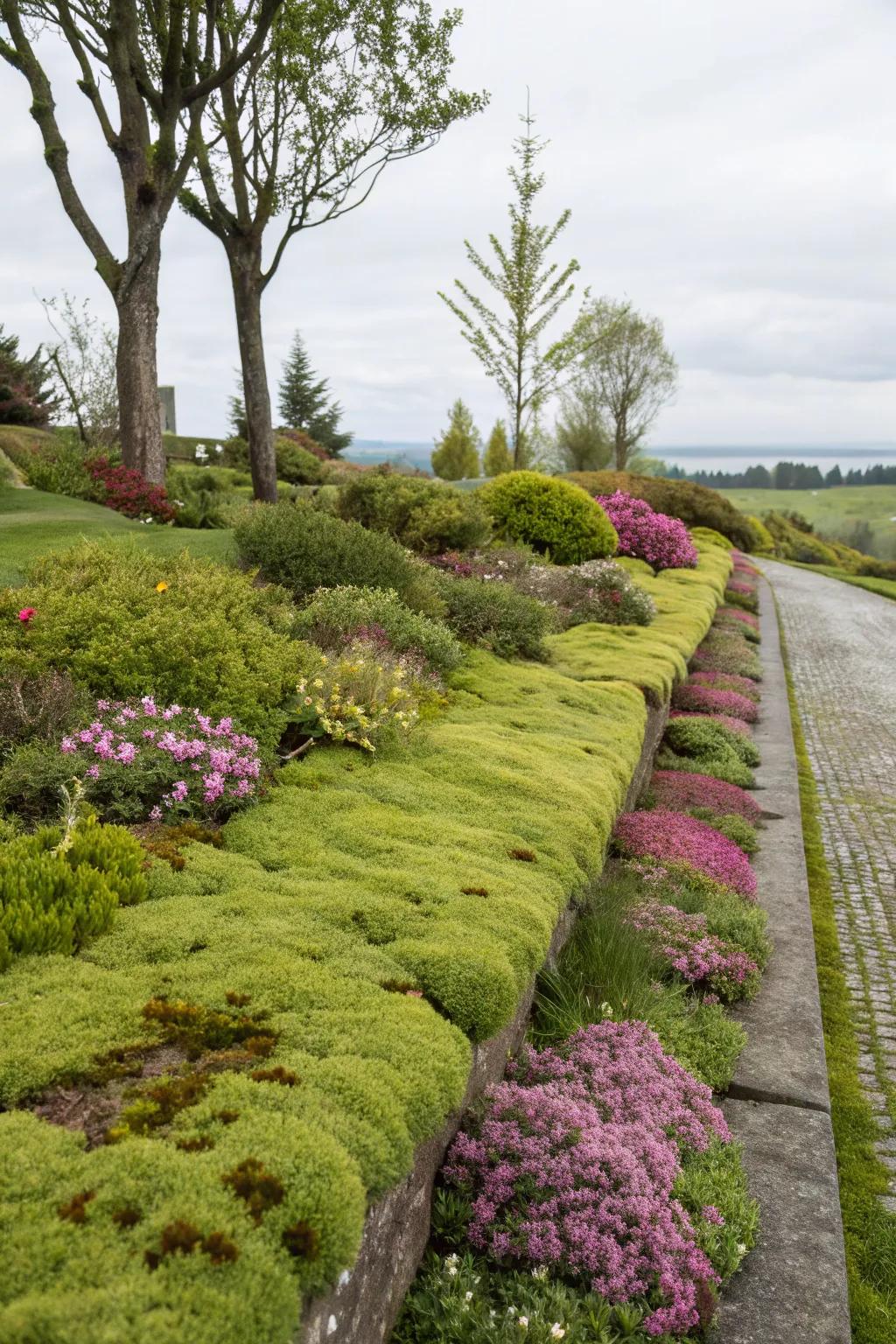 A soft, lush garden border featuring VelvetGreen carpet squares.