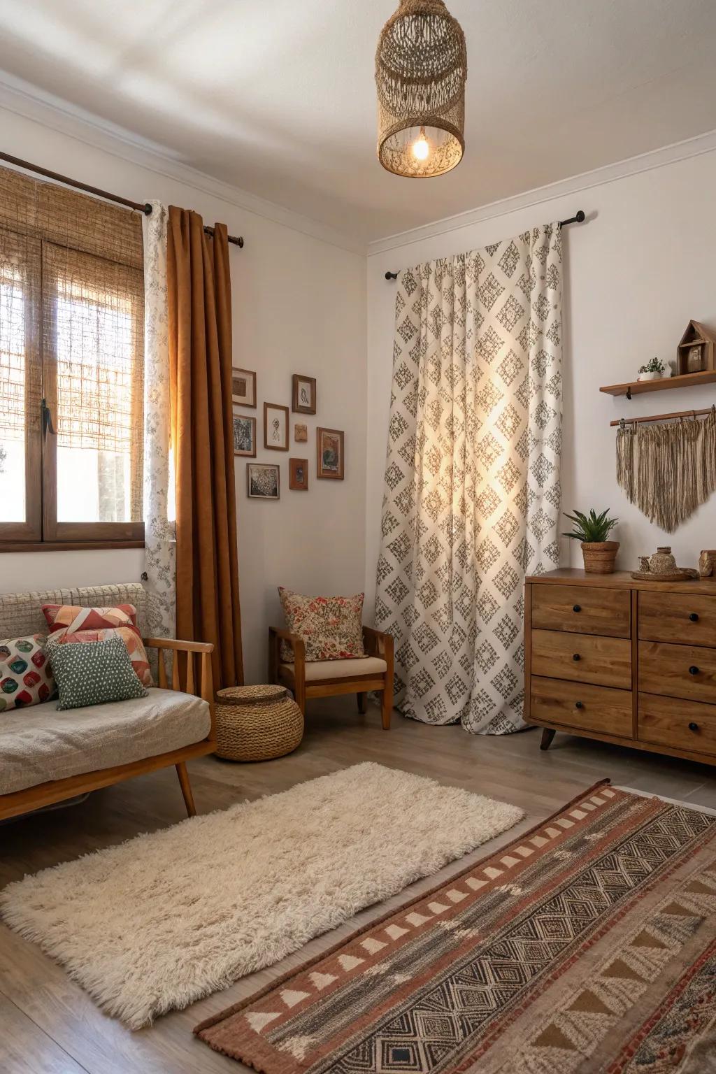 Layering materials adds warmth and depth to the shared room.