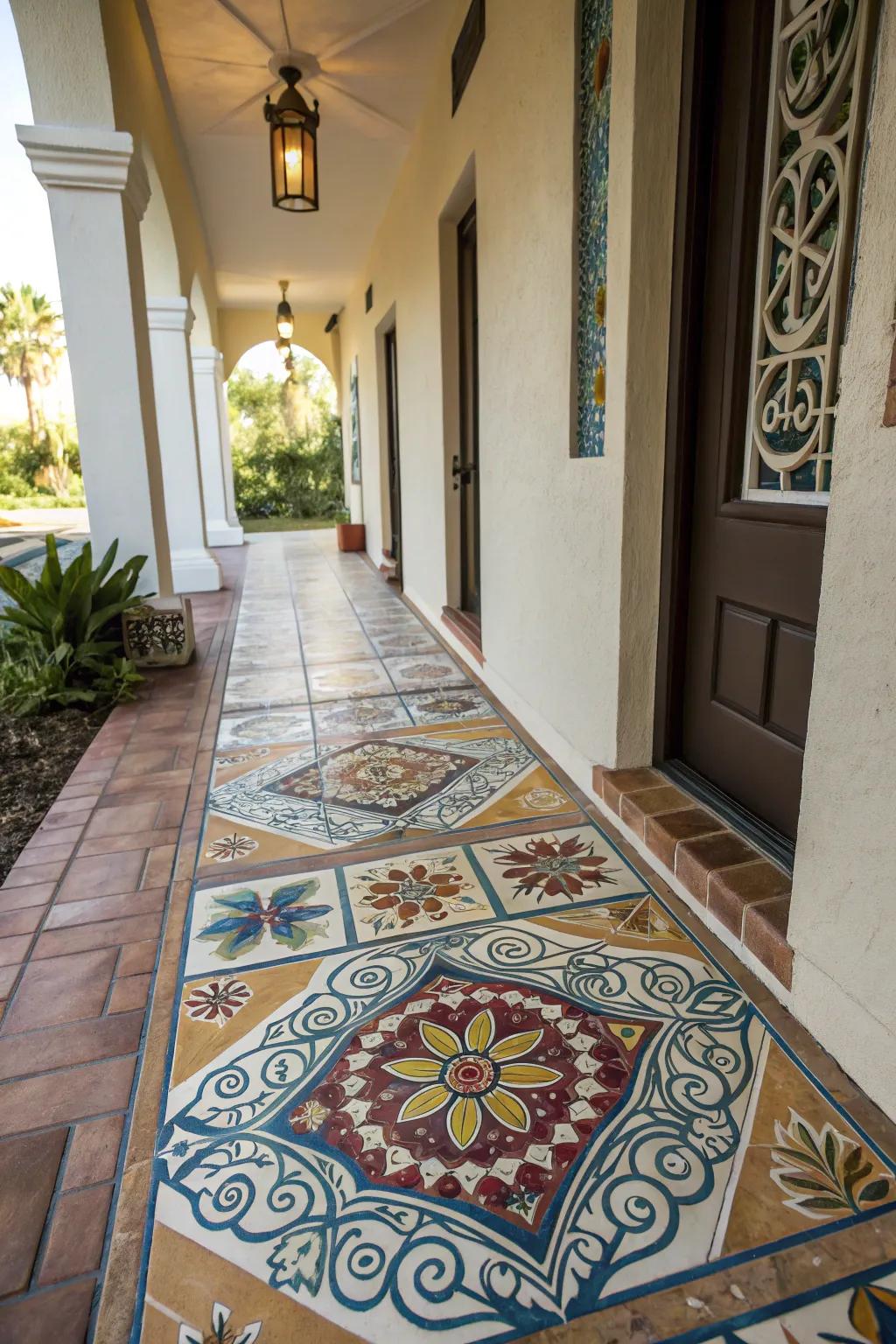 Handcrafted tiles bringing unique character to the breezeway.