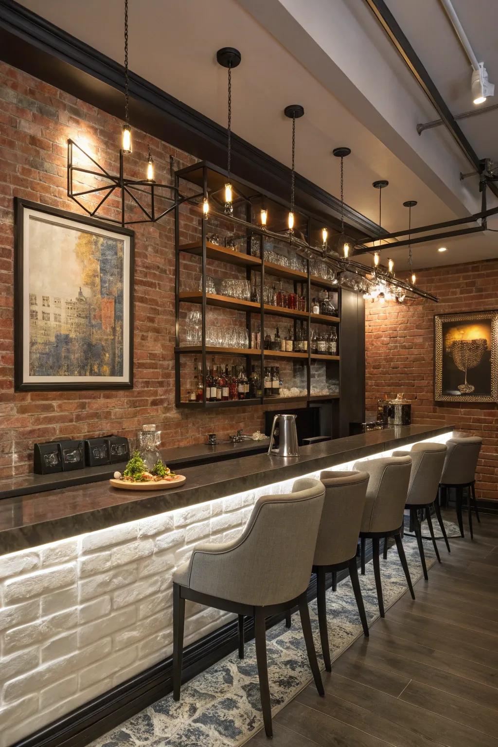 Clever storage options help maintain a clean and elegant brick wall bar.