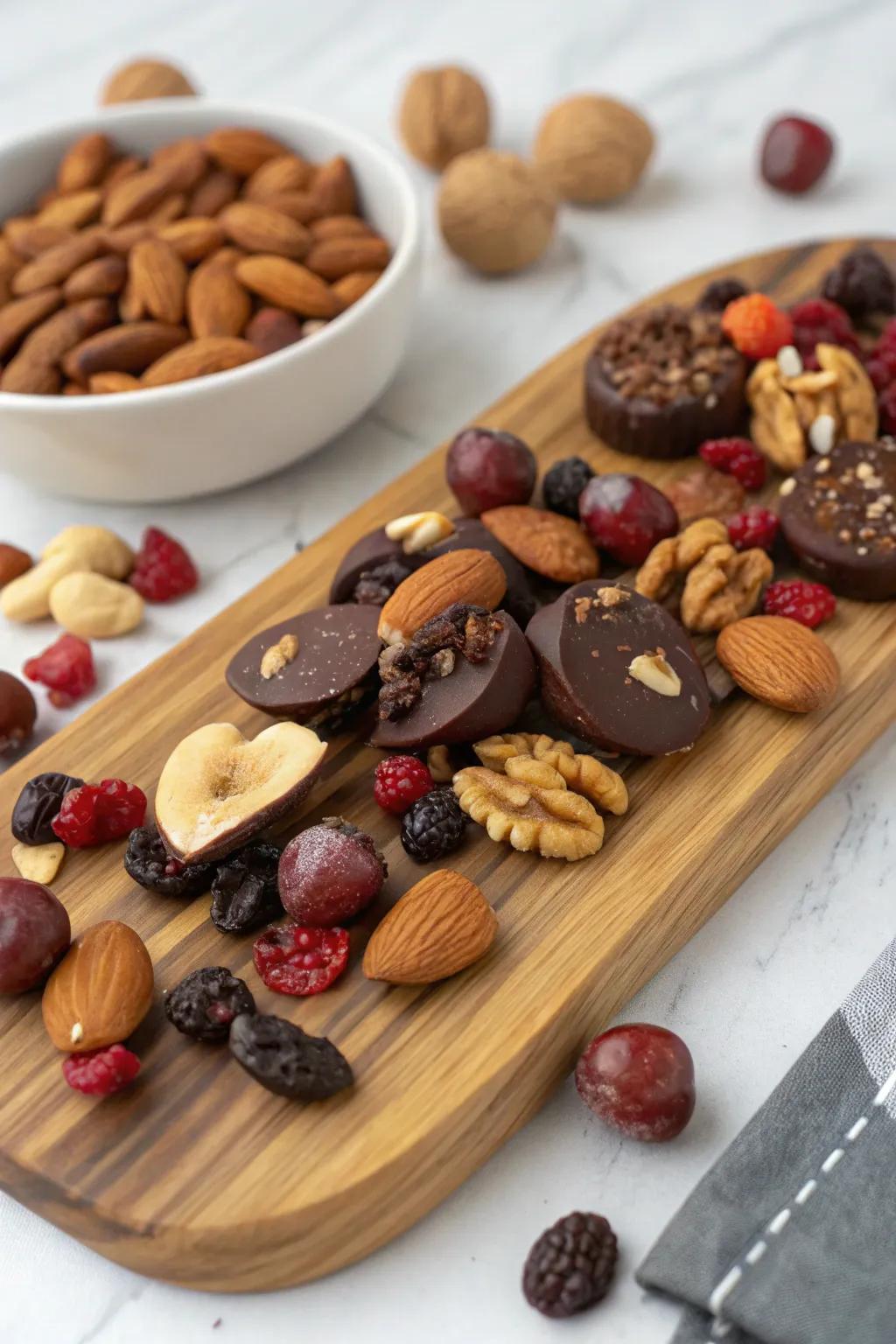 Sweet delights such as chocolate-covered nuts introduce a playful twist.
