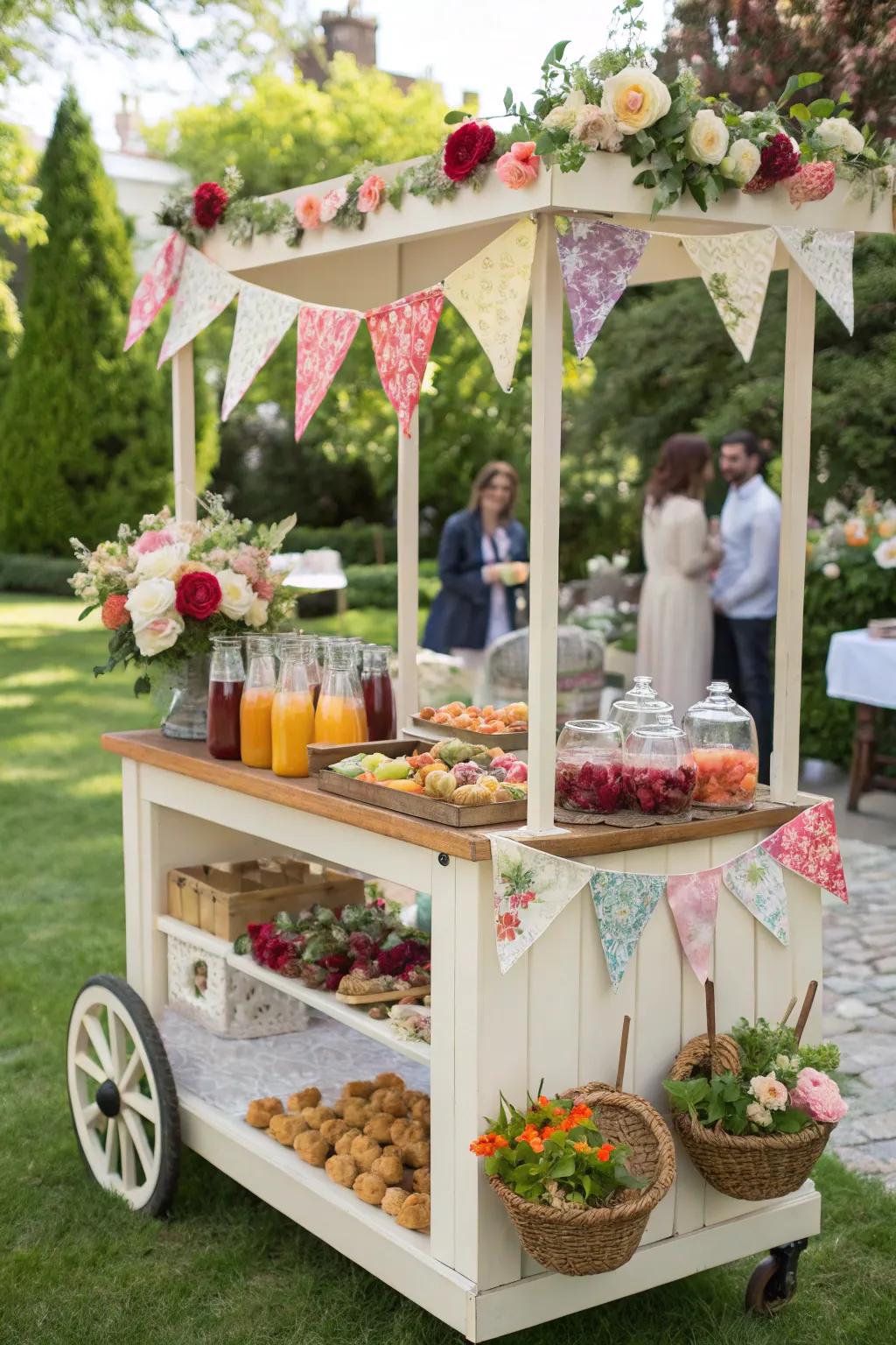 A vendor wagon adds charm and functionality to outdoor buffet settings.