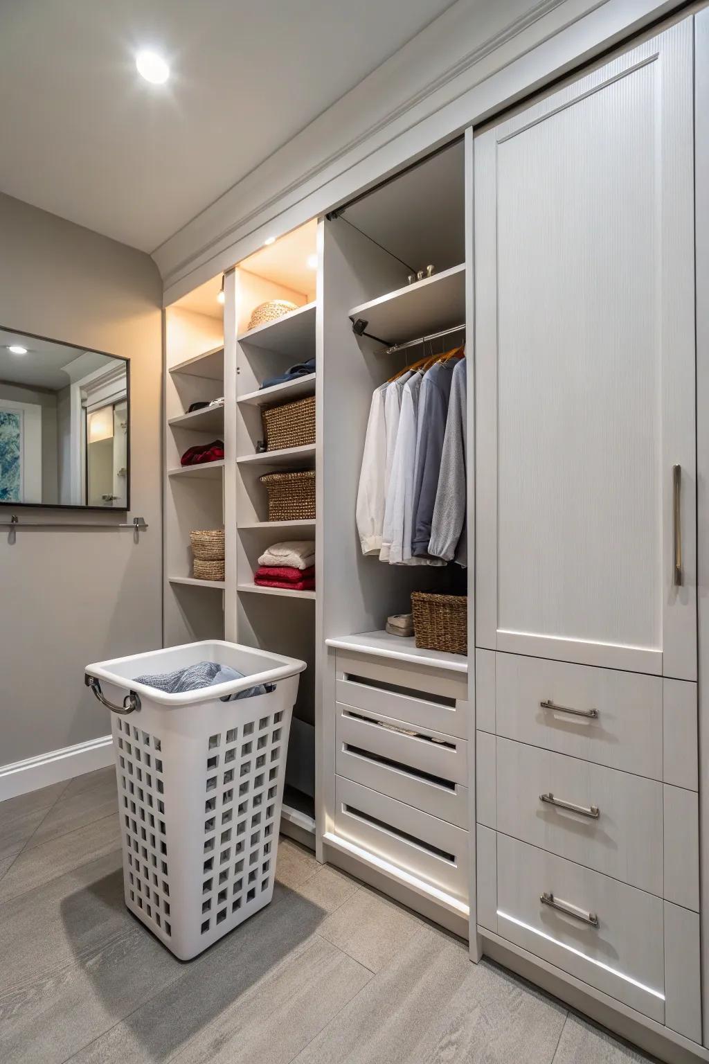 A built-in laundry bin keeps clutter at bay.