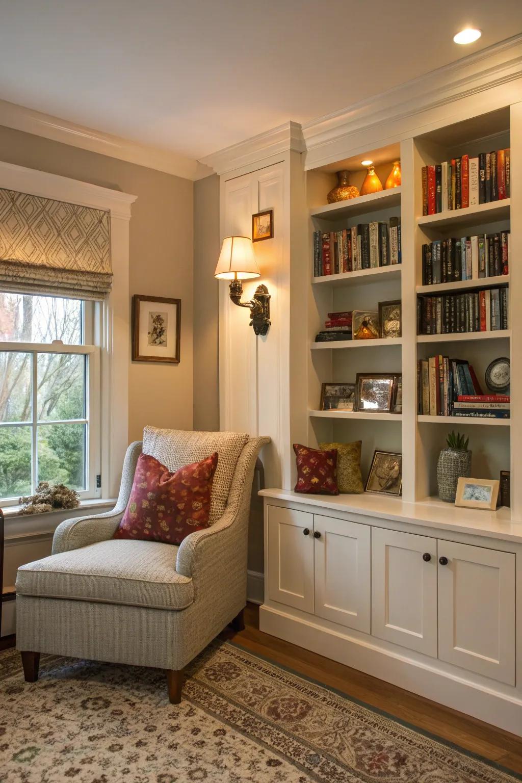 A reading alcove incorporated within custom shelving provides a cozy retreat.