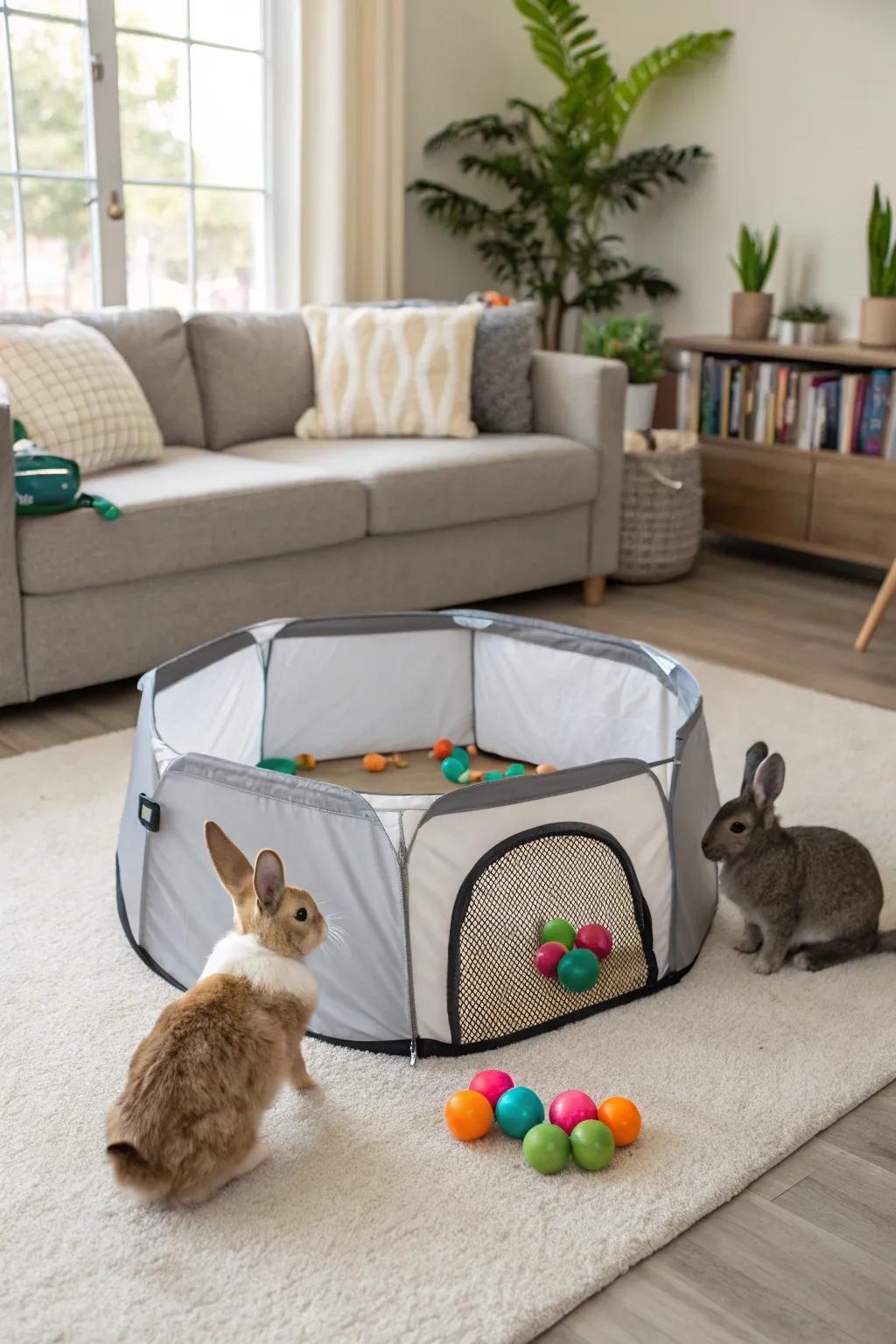 A transportable recreation zone facilitating a vibrant and stimulating bunny venture.