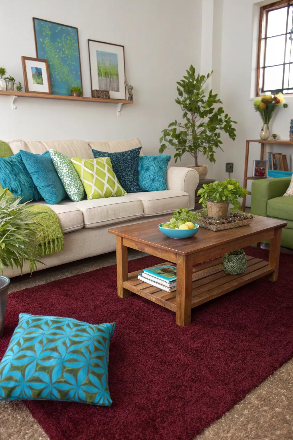 An astonishing burst of color imparts a fresh sensation to a scarlet floor covering.