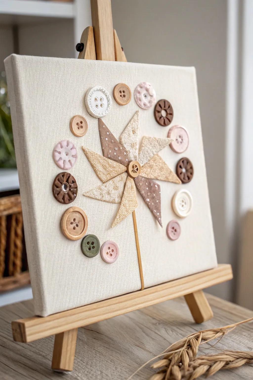 Bring farmhouse appeal to your area using this handcrafted button turbine art item.