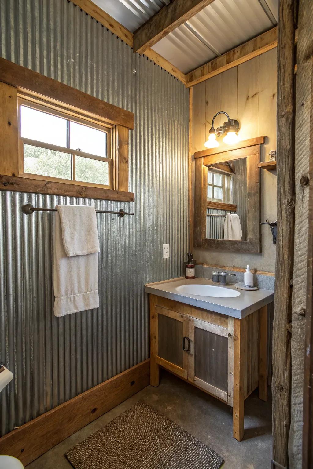 A log cabin washroom featuring corrugated barn tin walls for an industrial touch.
