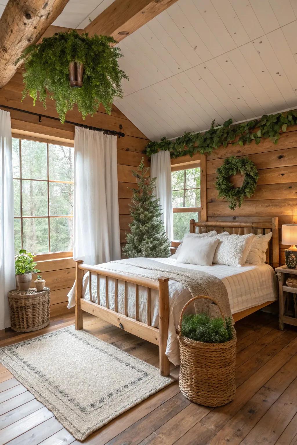 A cabin bedroom designed with artificial vegetation and natural decor.