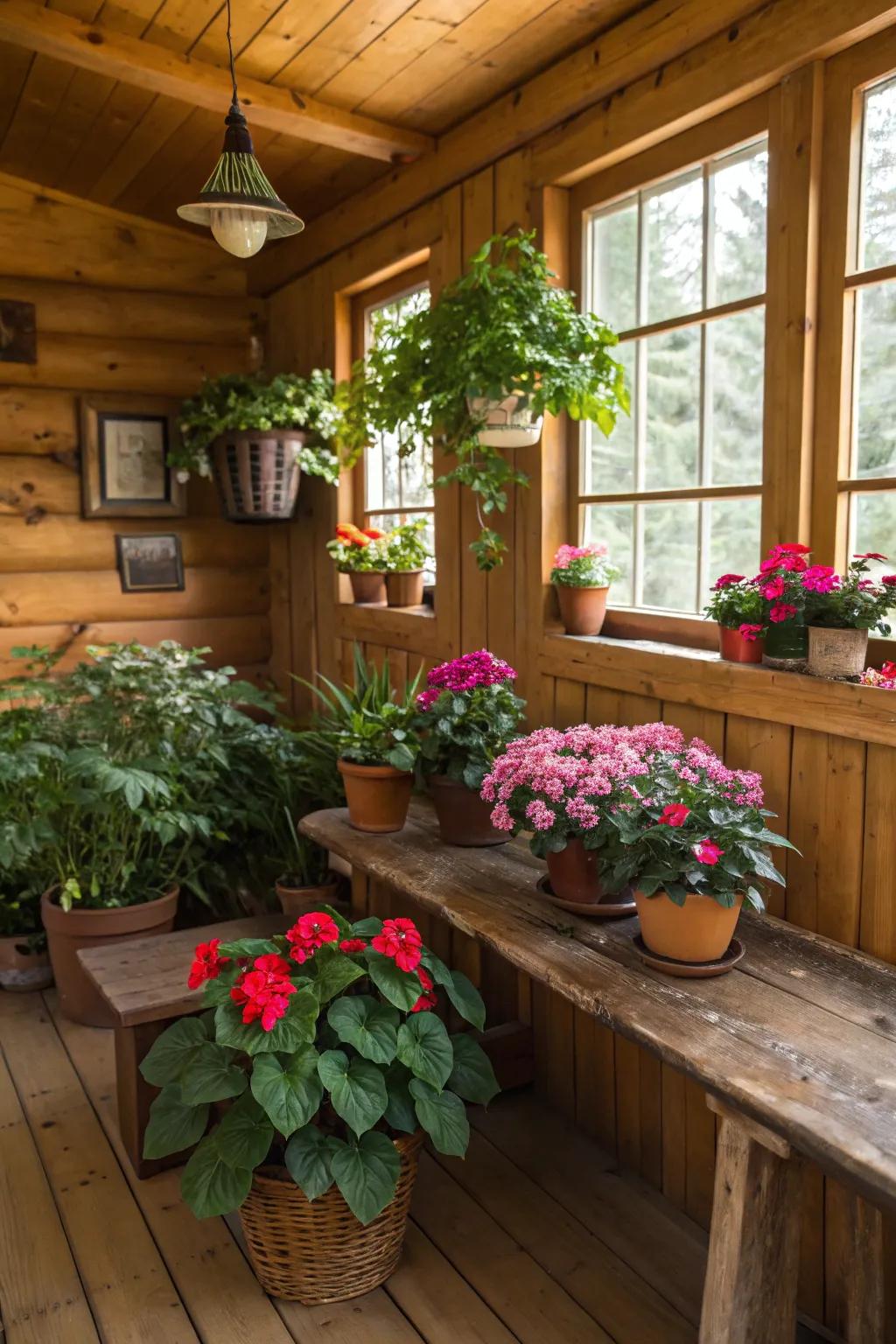 Greenery breathes life and color into the cabin.