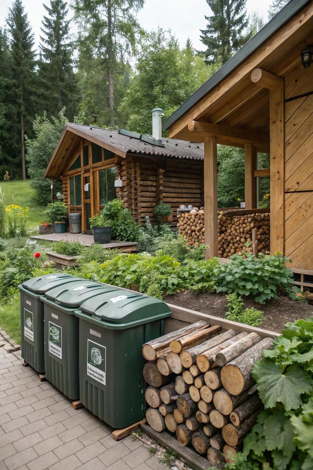 A composting system enables sustainable living at the cabin.