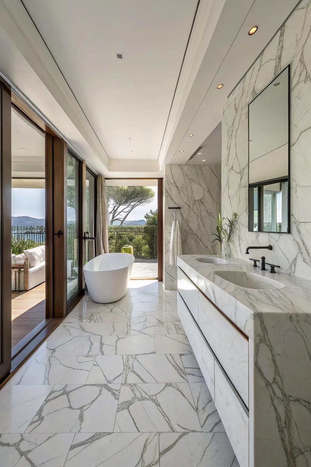 An open-plan bathroom featuring seamless transitions with Luminous Argento marble tiles.