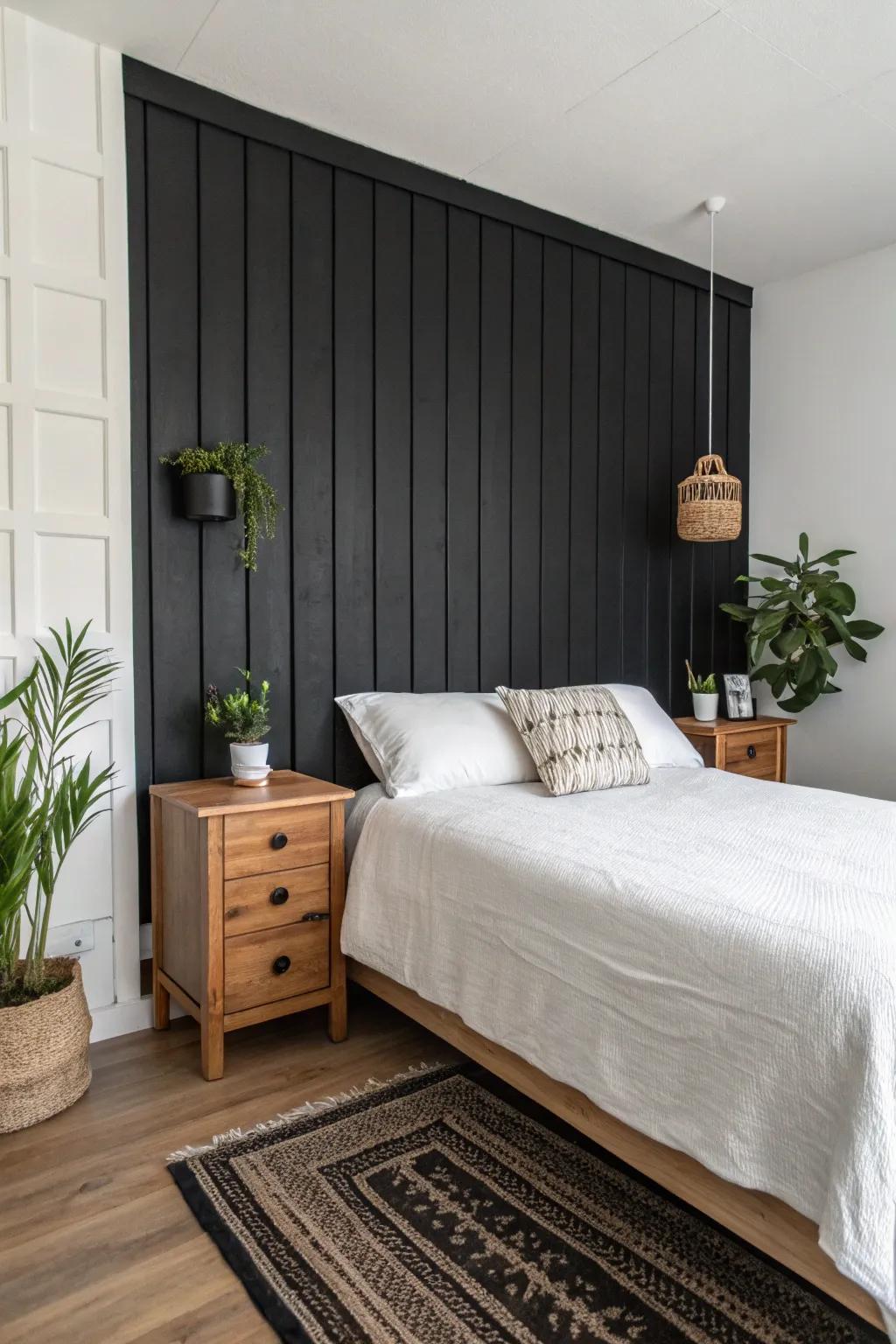 This bedroom features a black accent wall that provides contrast and sophistication.