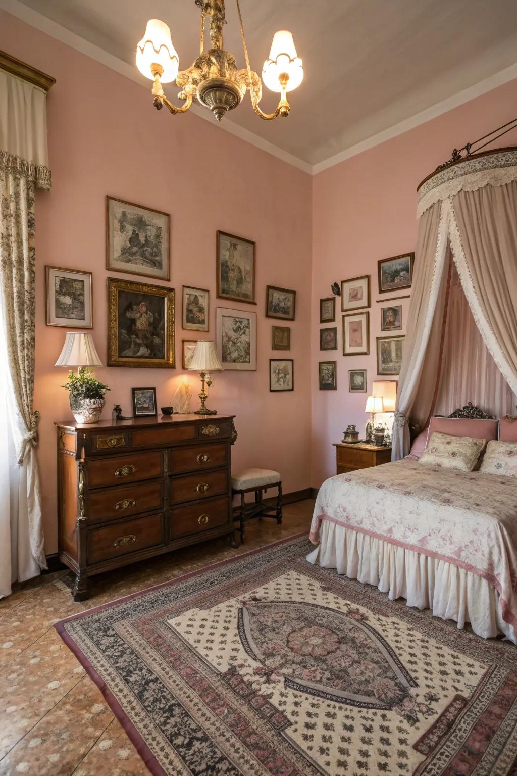 Dusty rose walls provide warmth and an old-fashioned feel.
