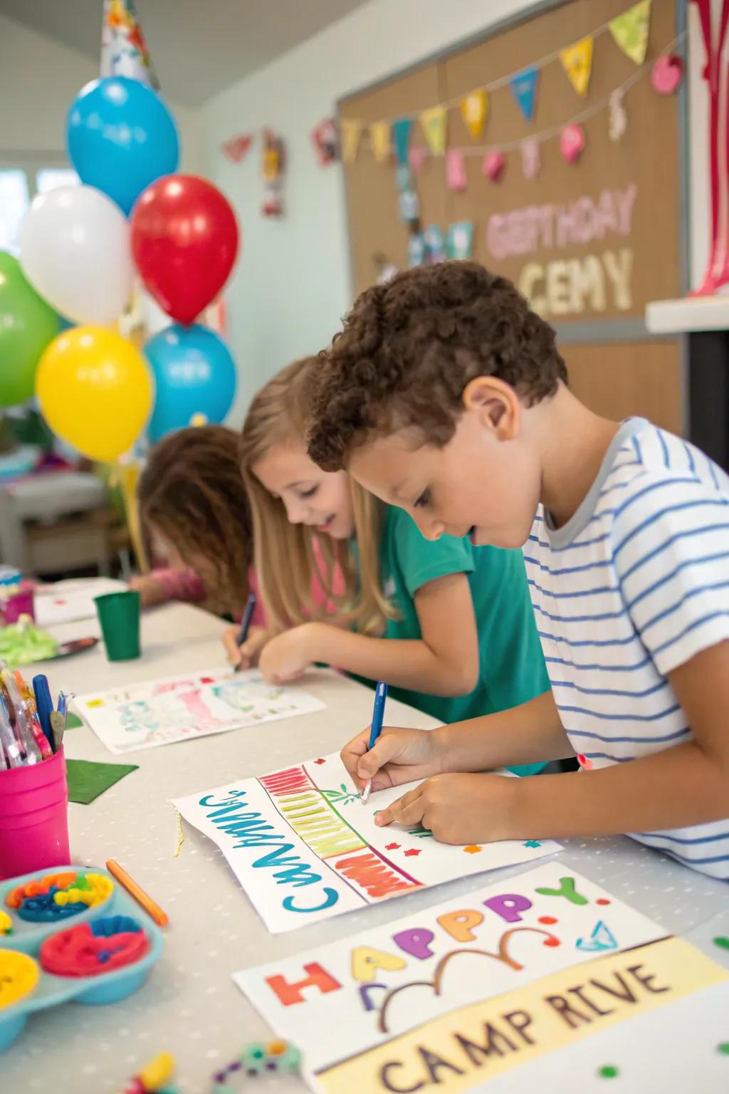 Creative camp signage crafting at the birthday celebration.