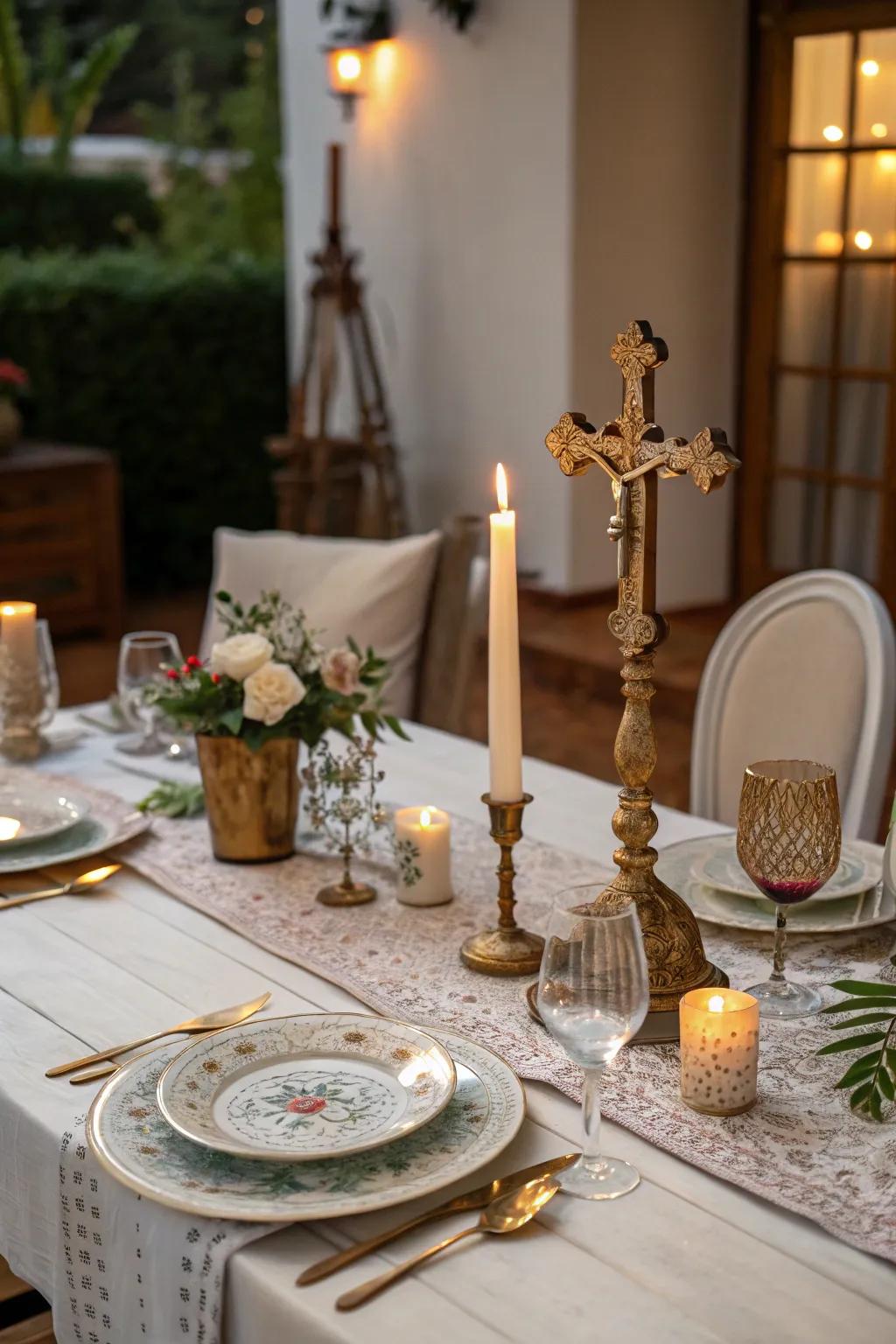 Faith-inspired table decor enhances your dining experience.