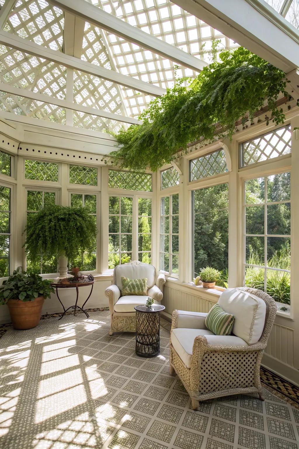 Interlaced panel ceilings add garden-inspired charm.