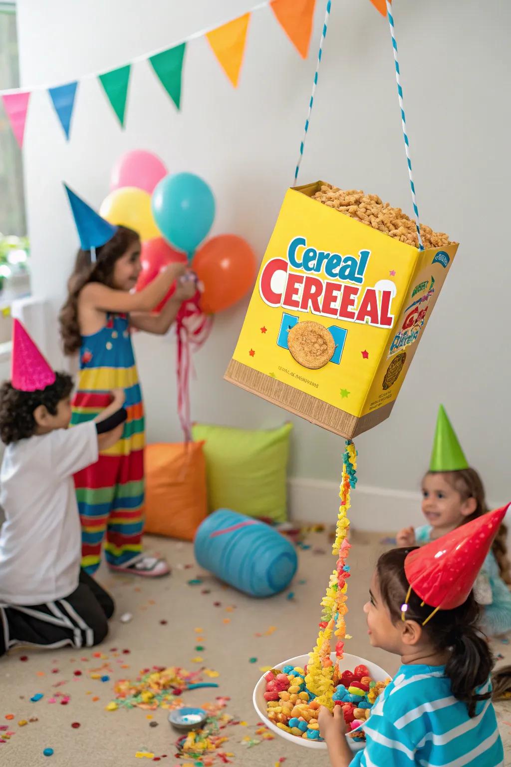 A grains-themed pinata suspended in a party setting with youngsters around.