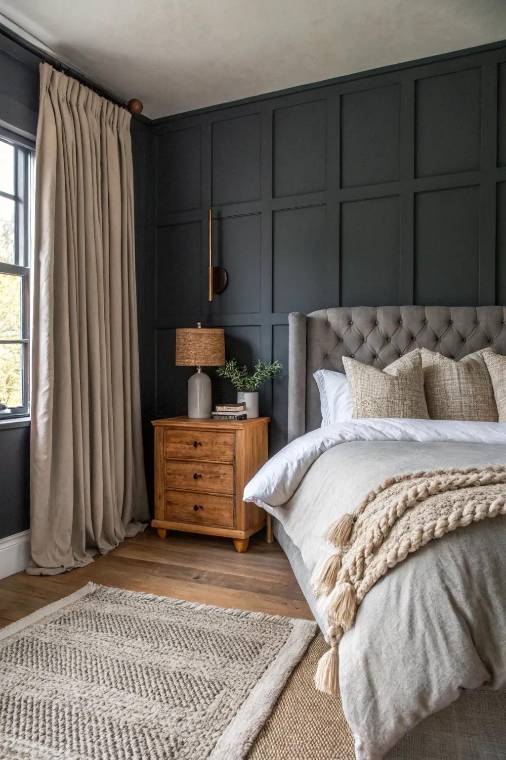 A mix of finishes contributes depth to a deep slate bedroom.
