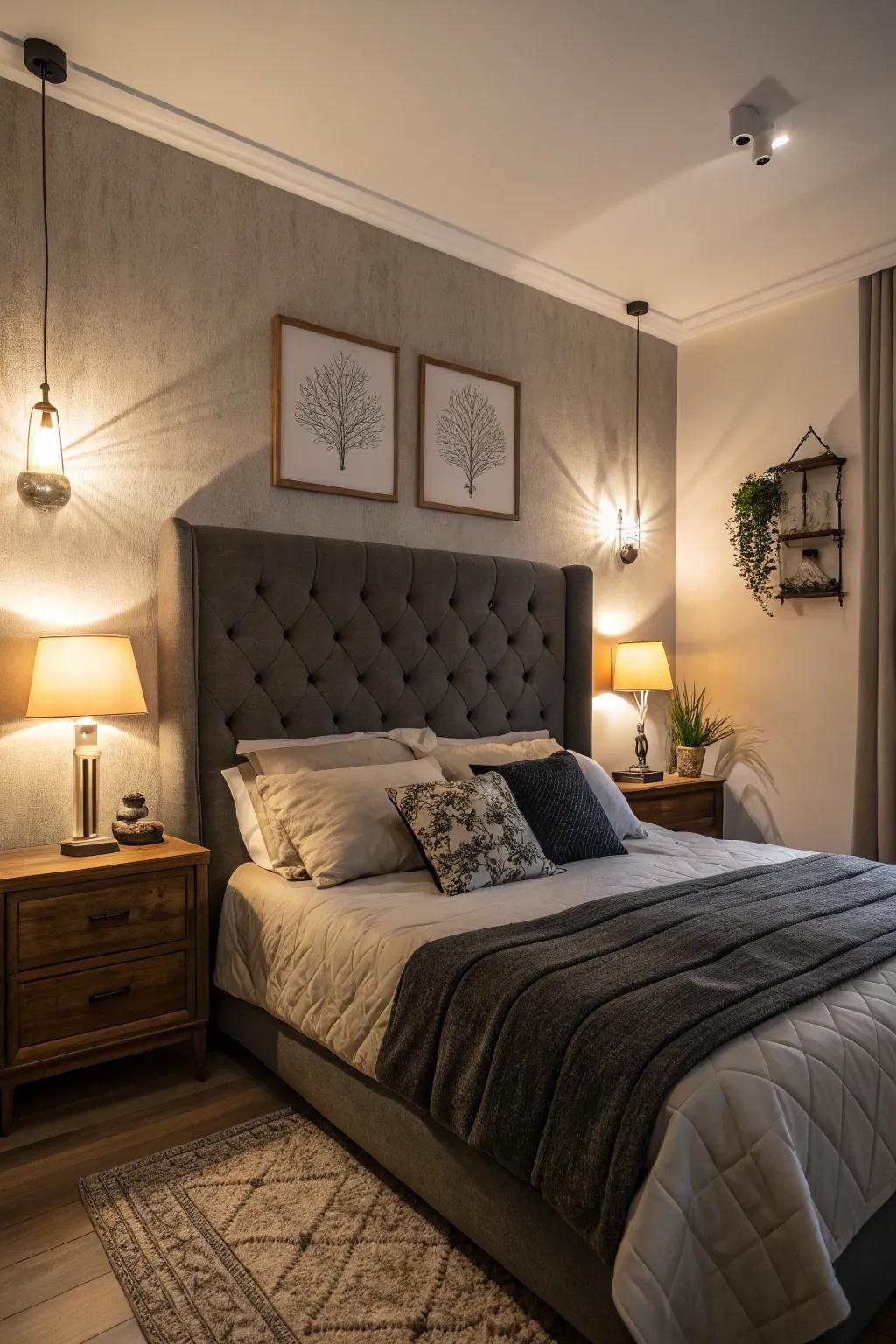 Gentle illumination enhances the cozy atmosphere of a dark grey headboard.