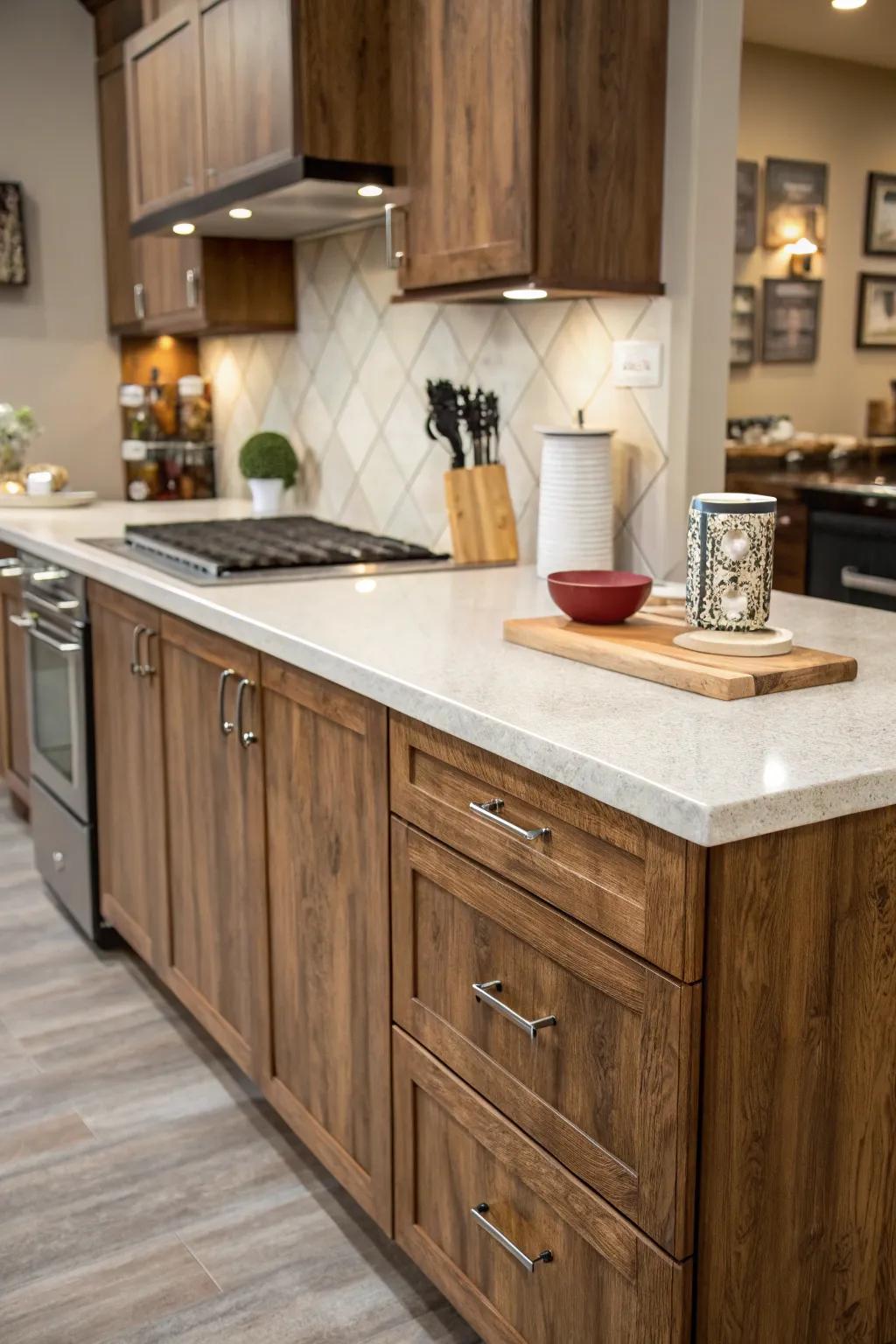 A stylish kitchen showcasing vinyl-wrapped countertops.