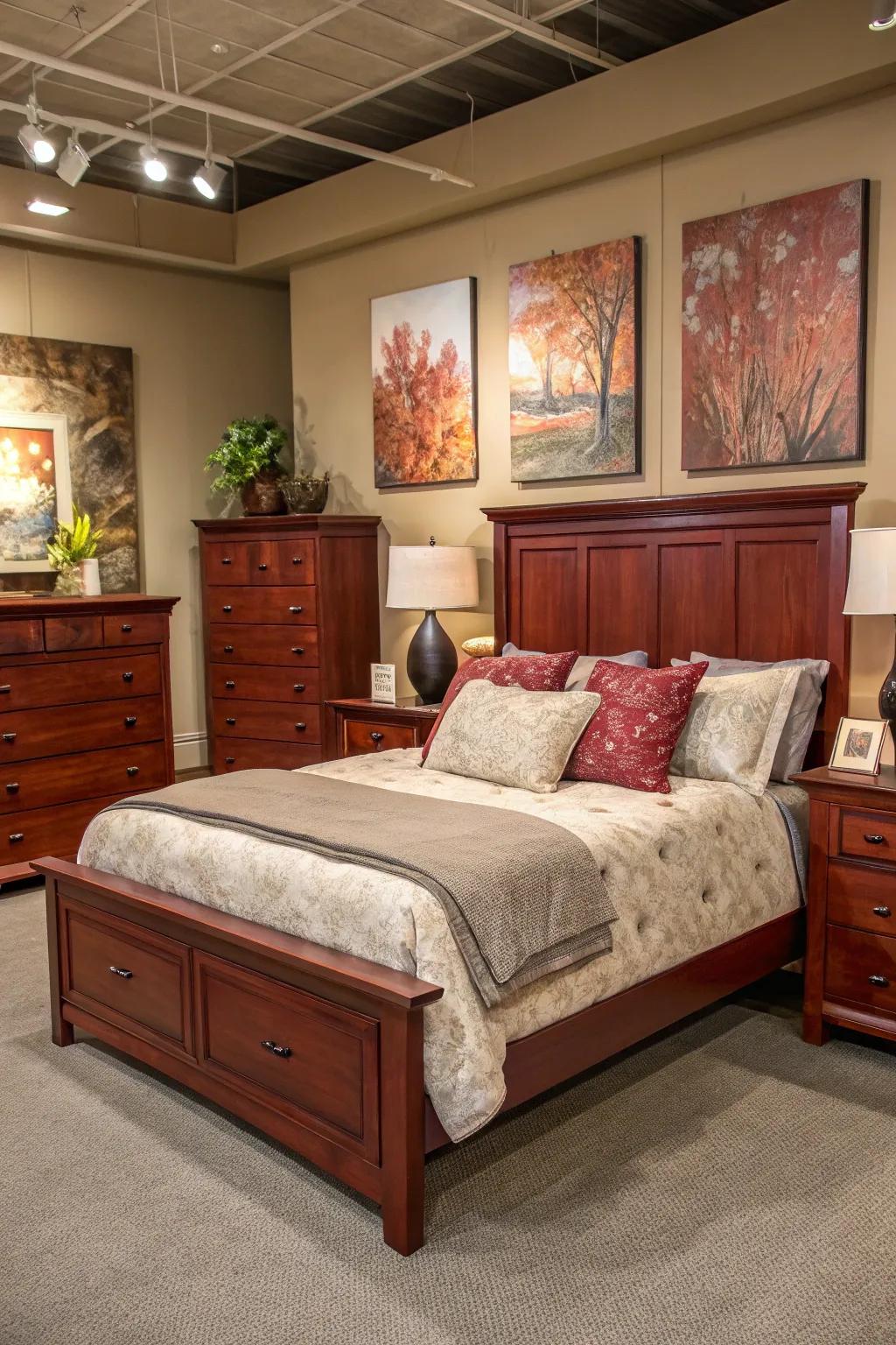 Art enhances the unique charm of a mahogany themed bedroom, amplifying each space.