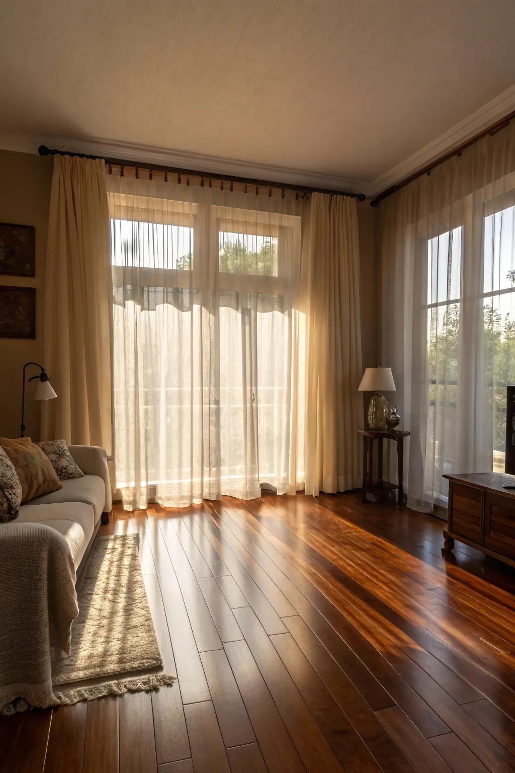 Sheer window coverings maintain an airy and light atmosphere.