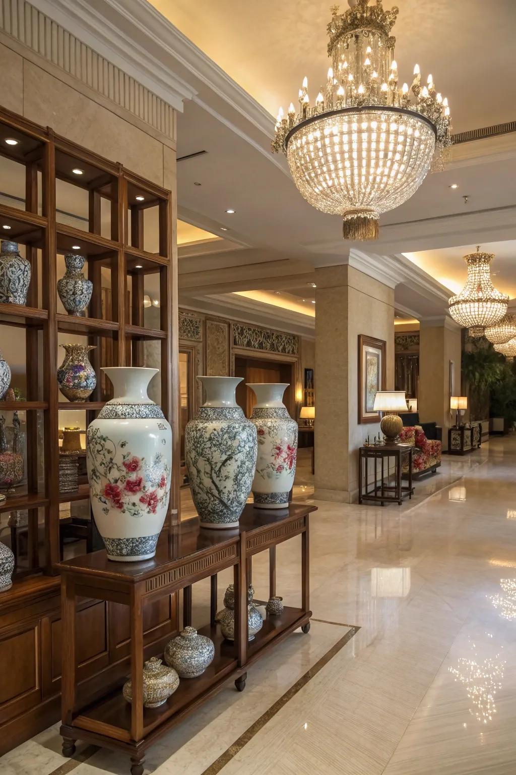 Cultural elements through vases and pottery enhancing the entrance hall's decor.