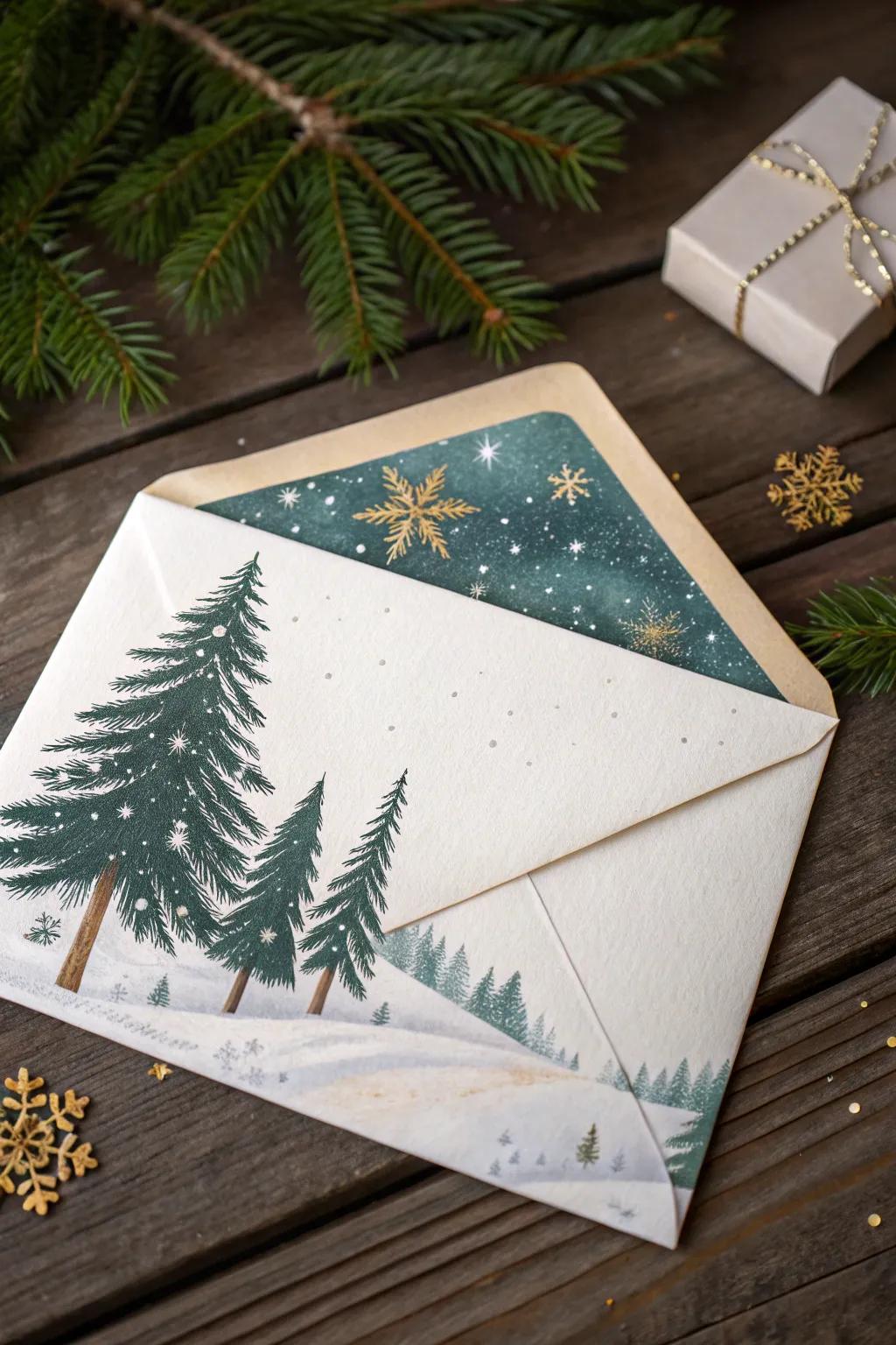 Embrace the serenity of a winter wonderland with this enchanting Christmas envelope design.