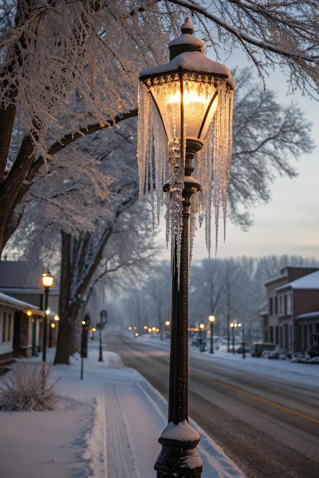 Glittering icicles infuse a lamp post with a magical flair.