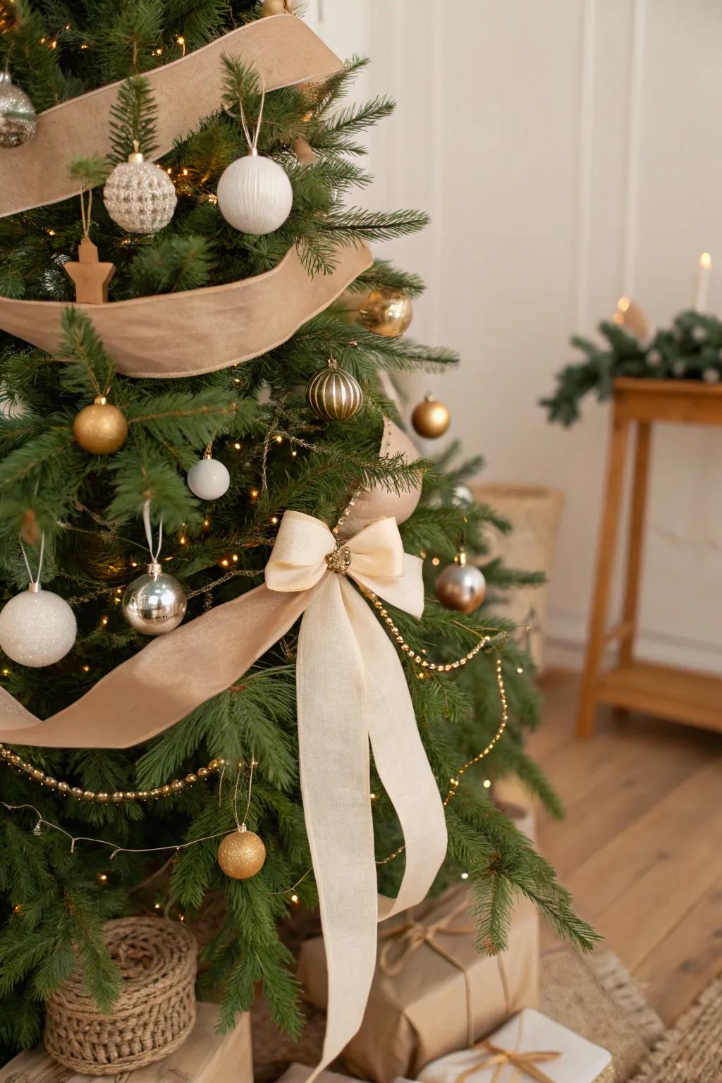 A Christmas tree with eco-friendly ribbons, showcasing sustainable elegance.