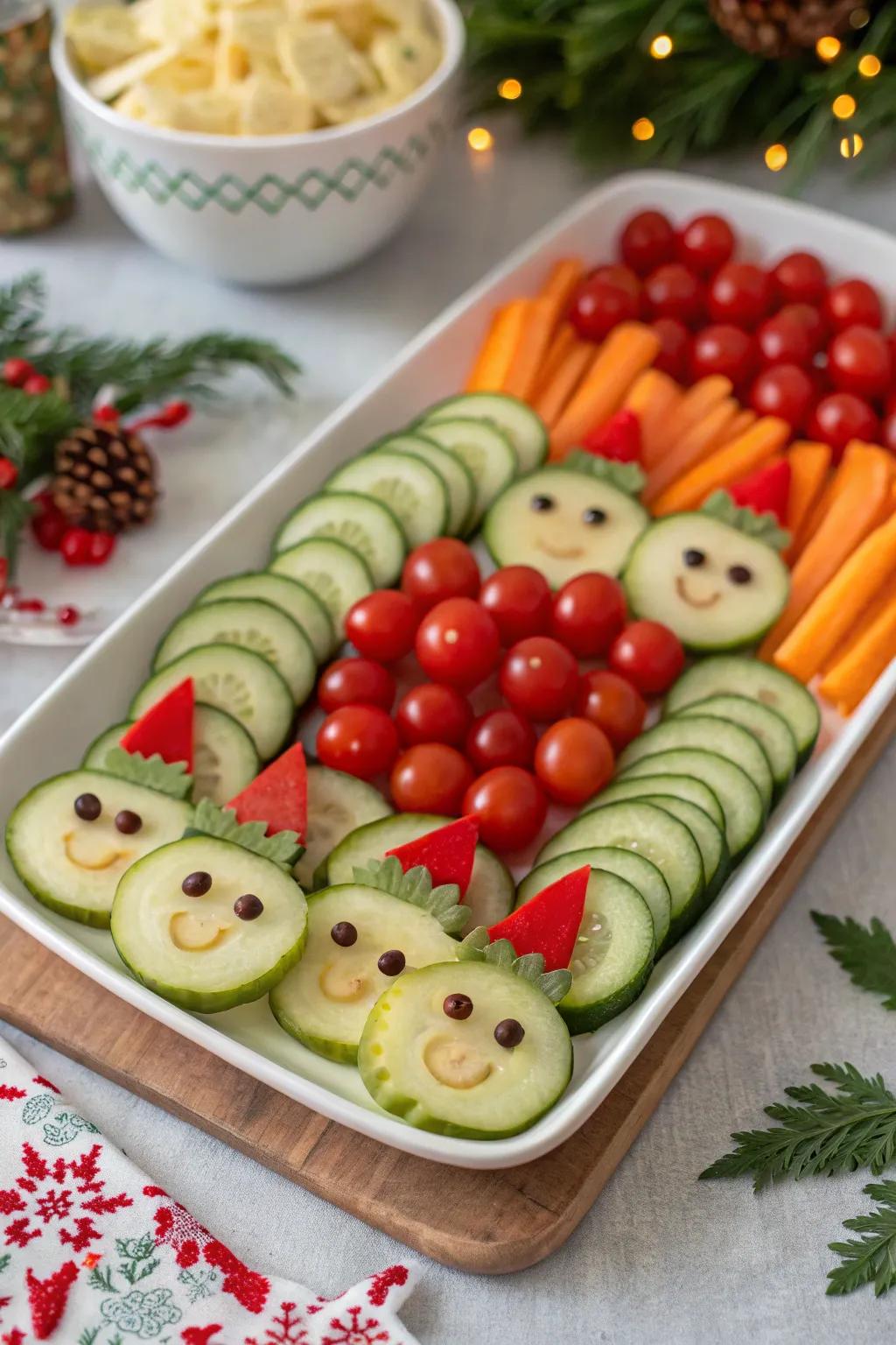 Cheerful elf veggie faces, adding a spark of joy to your holiday table.